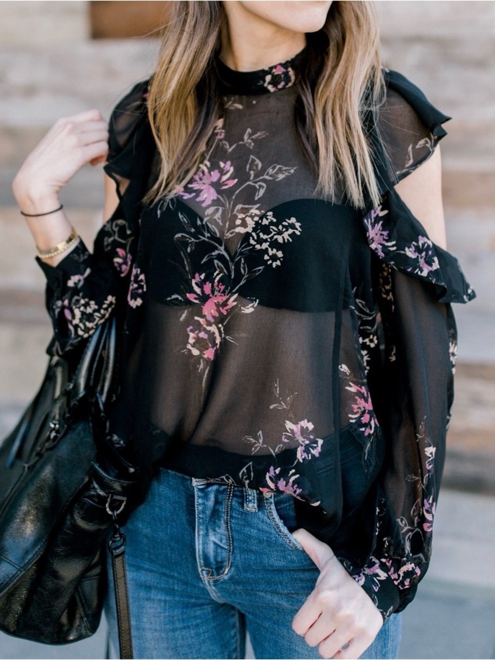 ASTR Chantelle Sheer Black Floral Cold-Shoulder Blouse